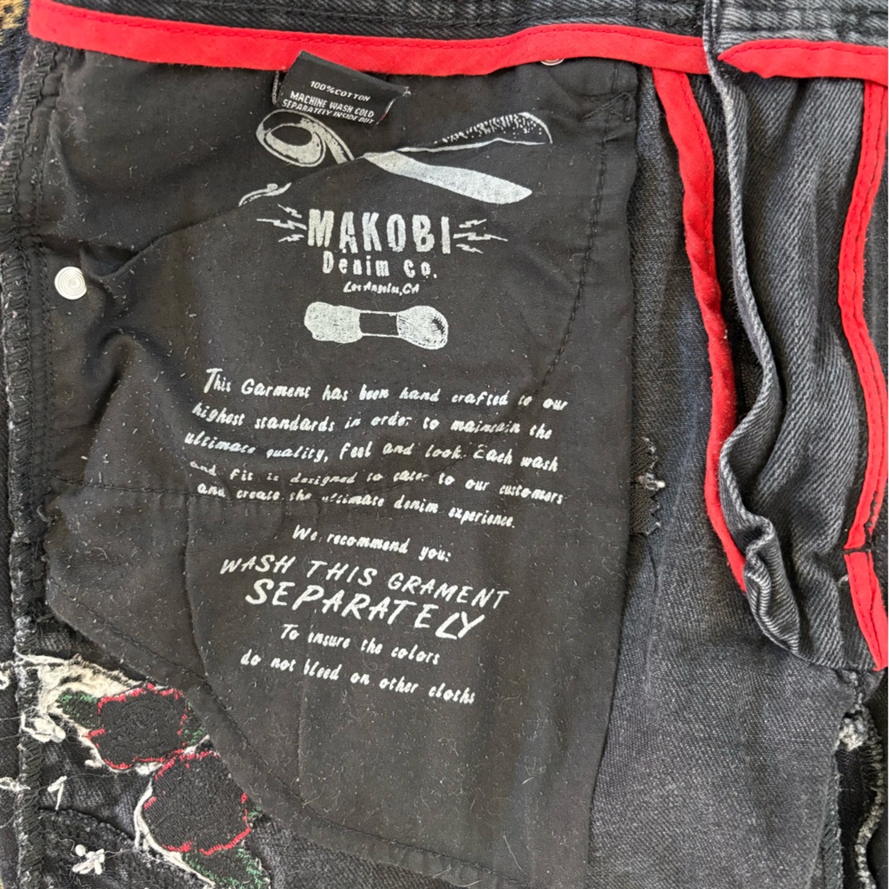 Men’s Makobi Biker Black Jeans Rose Embroidery Zip Detail Sz. 32x32 - Picture 11 of 16